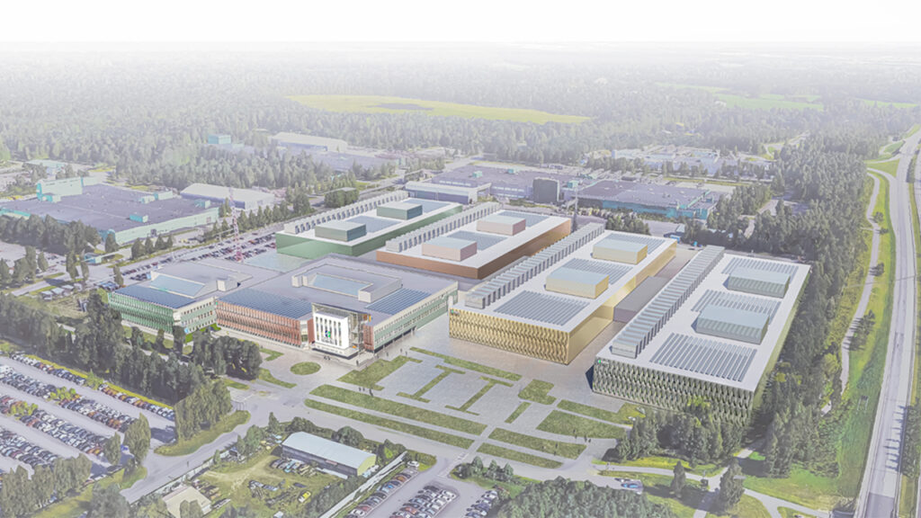 Visualization of Campus Oulu, a planned data center campus for AI and high-performance computing in Oulu, Finland.