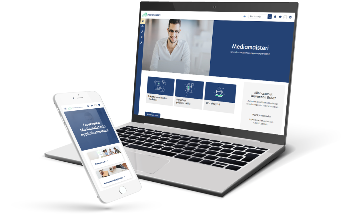 Mobile phone and laptop open, Mediamaisteri's learning platform open. 